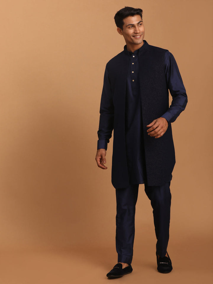 Vastramay Men's Navy Blue Dot Glitter Printed Jacket With Blue Silk Blend Curved Hem Kurta And Pant Set