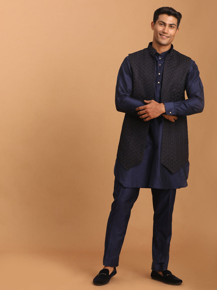 Vastramay Men's Blue Woven Jacket With Kurta Pant Set