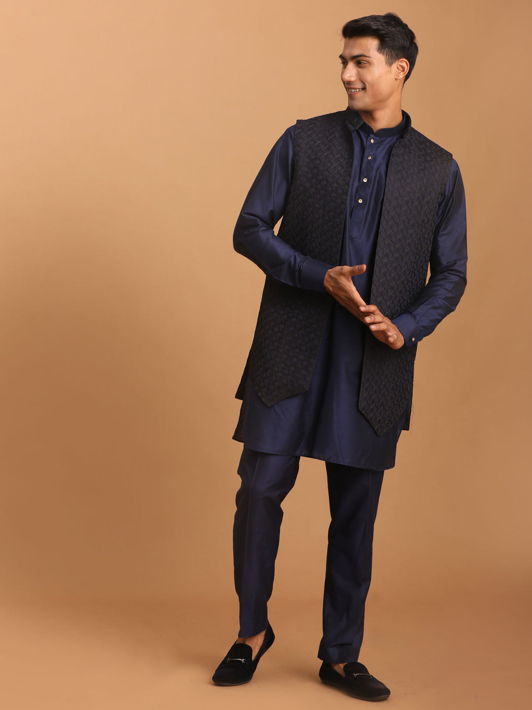 Vastramay Men's Blue Woven Jacket With Kurta Pant Set