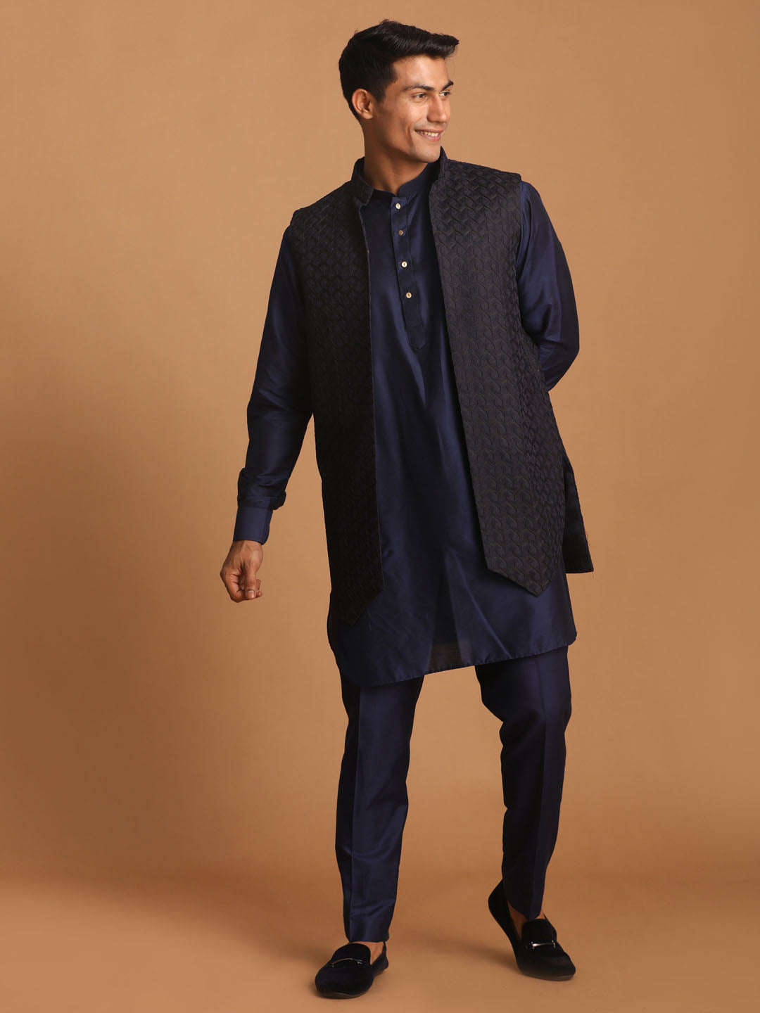 Vastramay Men's Blue Woven Jacket With Kurta Pant Set