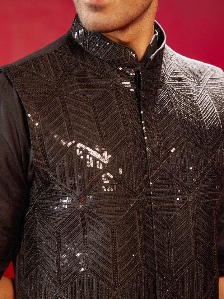 Vastramay Men's Black Sequince Nehru Jacket