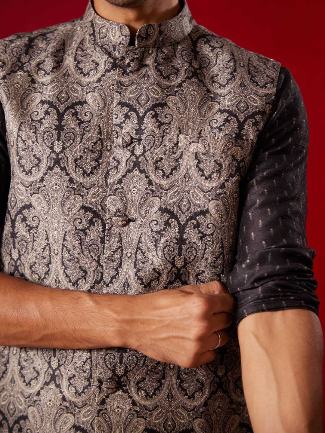 Men's Black Jacquard Silk Blend Ethnic Jacket