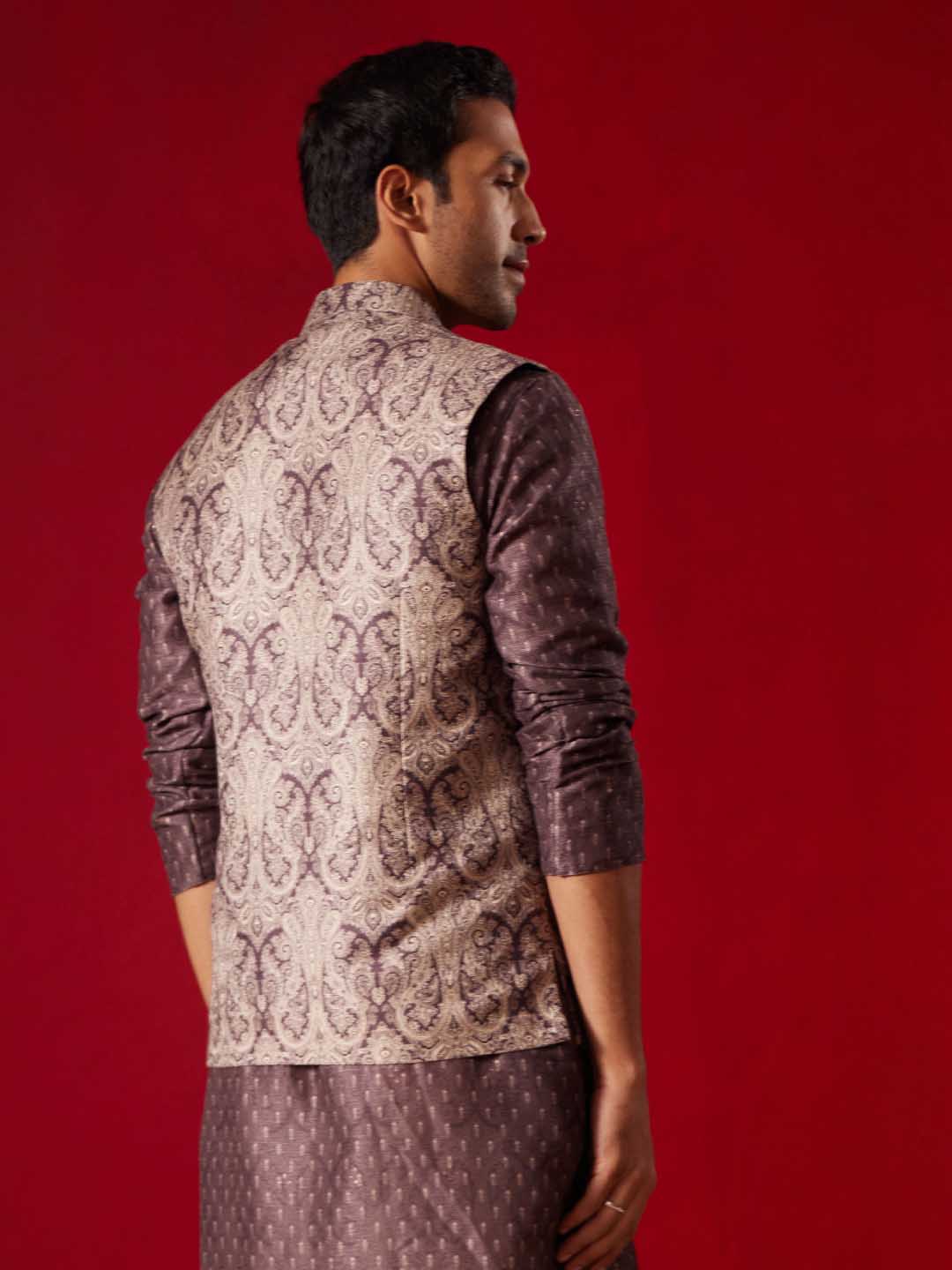 Vastramay Men's Wine Jacquard Silk Blend Ethnic Jacket with intricate pattern and rich color