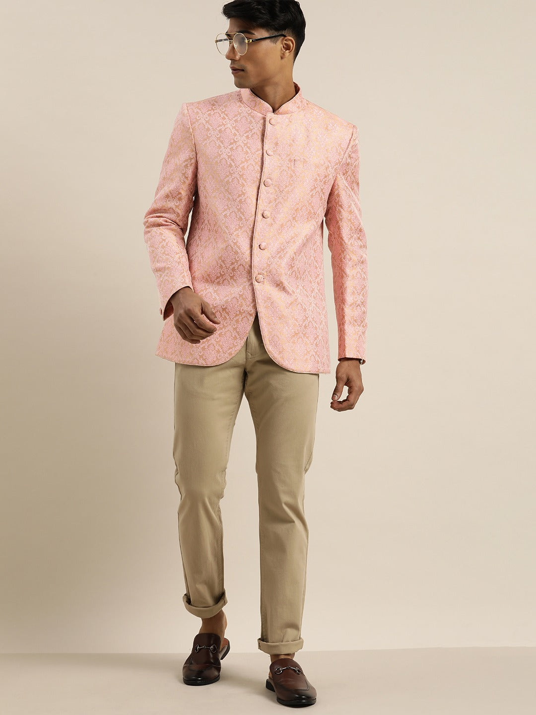 VASTRAMAY Men's Pink Ethnic Woven Jodhpuri