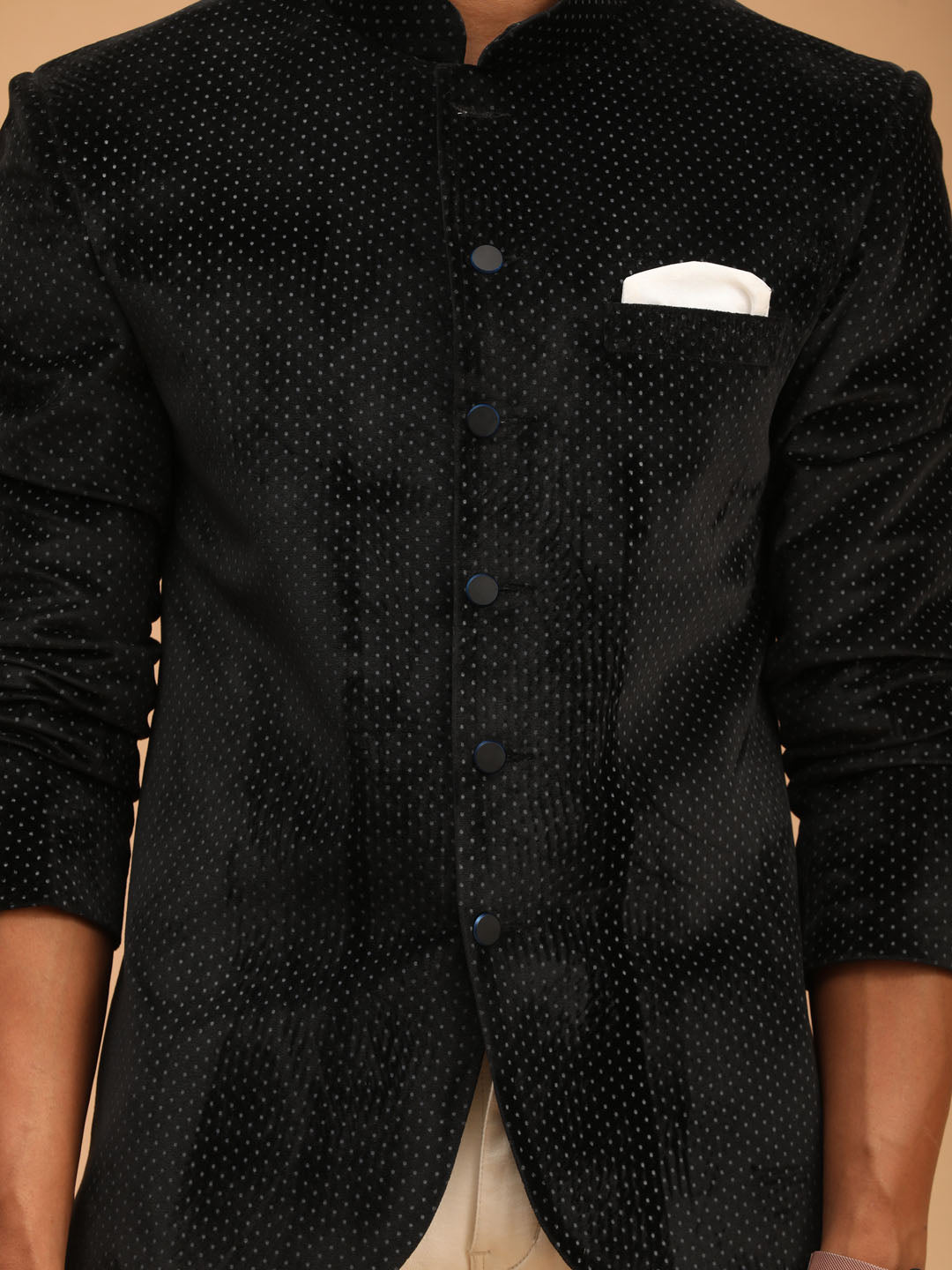 Vastramay Men's Black Polka Dot Printed Velvet Jodhpuri