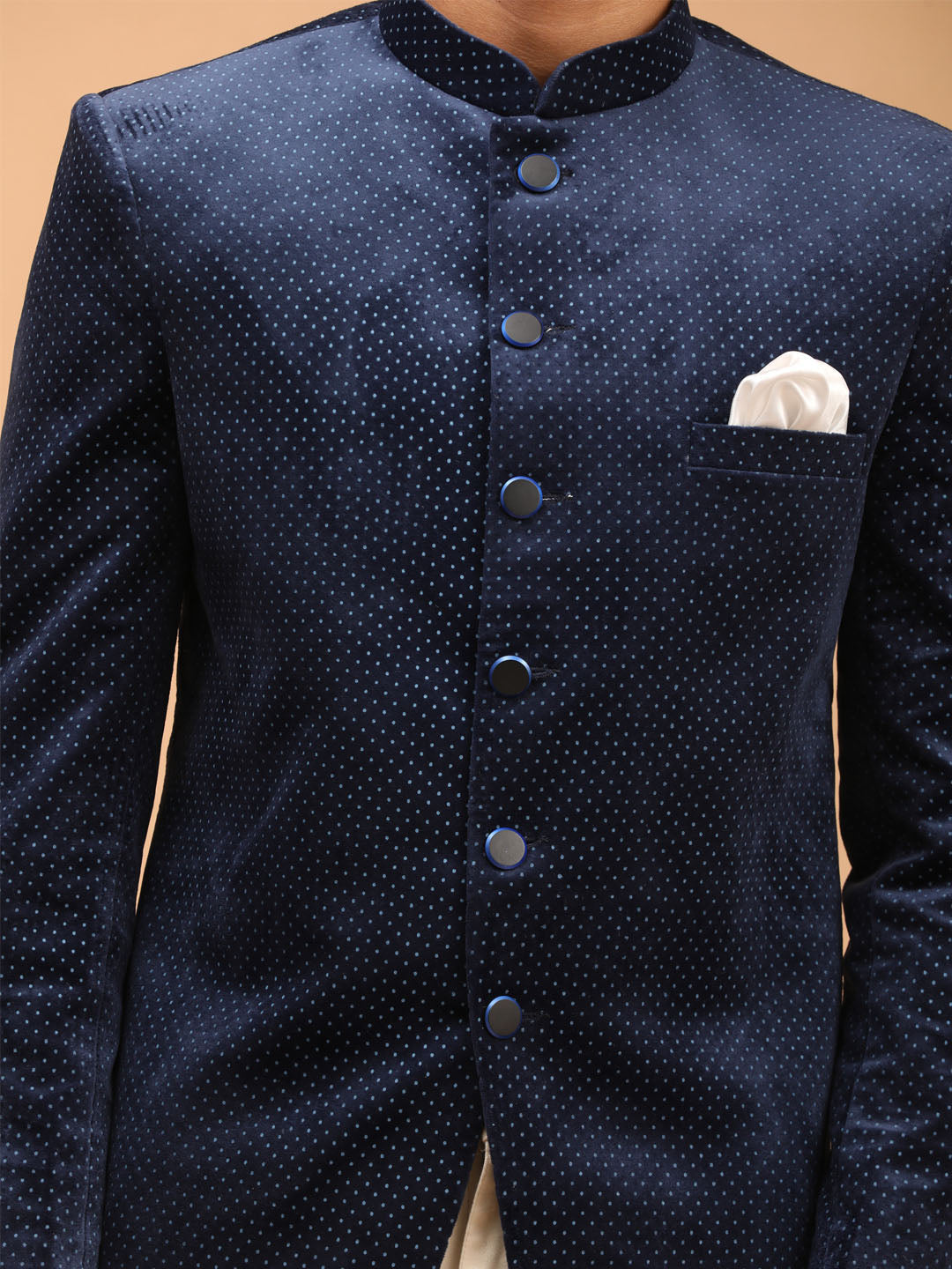  Detail of the button and pocket on Vastramay Men's Blue Polka Dot Printed Velvet Jodhpuri suit