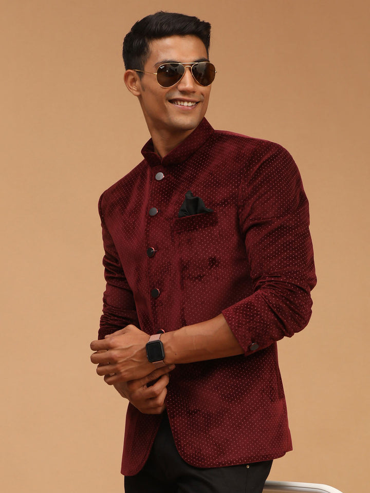 Vastramay Men's Maroon Polka Dot Printed Velvet Jodhpuri with Mandarin Collar and Button Closure 