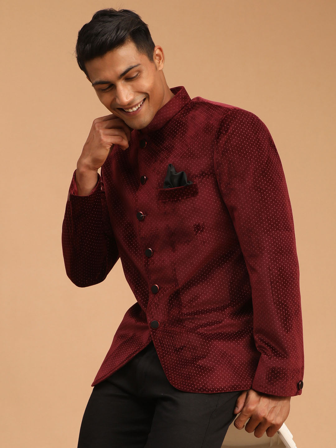 Elegant and Stylish Maroon Polka Dot Printed Velvet Jodhpuri Suit for Men