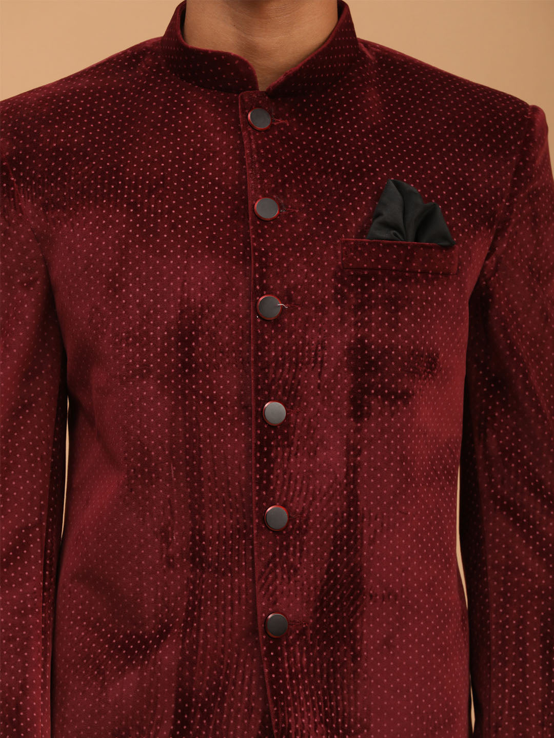 VASTRAMAY Maroon Polka Dot Printed Velvet Jodhpuri Baap beta Set