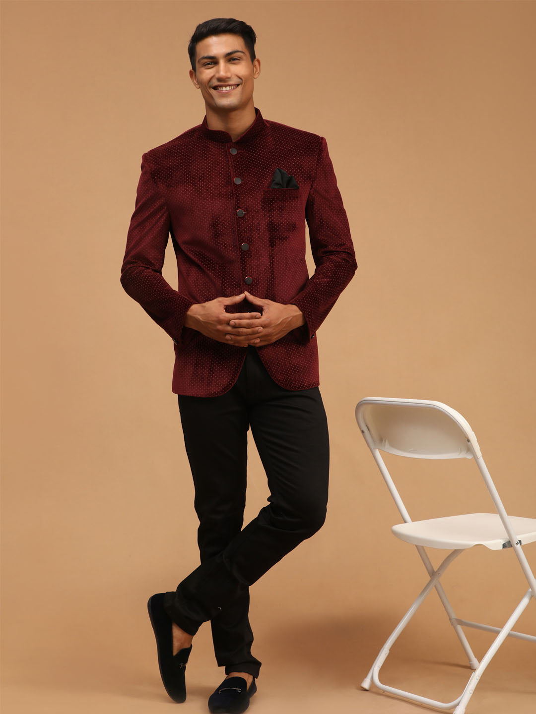 Luxurious Maroon Polka Dot Printed Jodhpuri Suit Set for Men's Wedding Attire