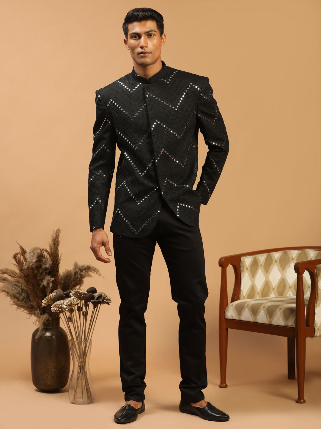 Vastramay Men's Black Mirror Jodhpuri