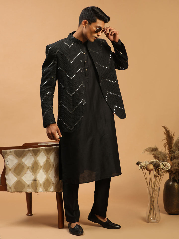 Vastramay Men's Black Mirror Jodhpuri With Kurta Pant Set