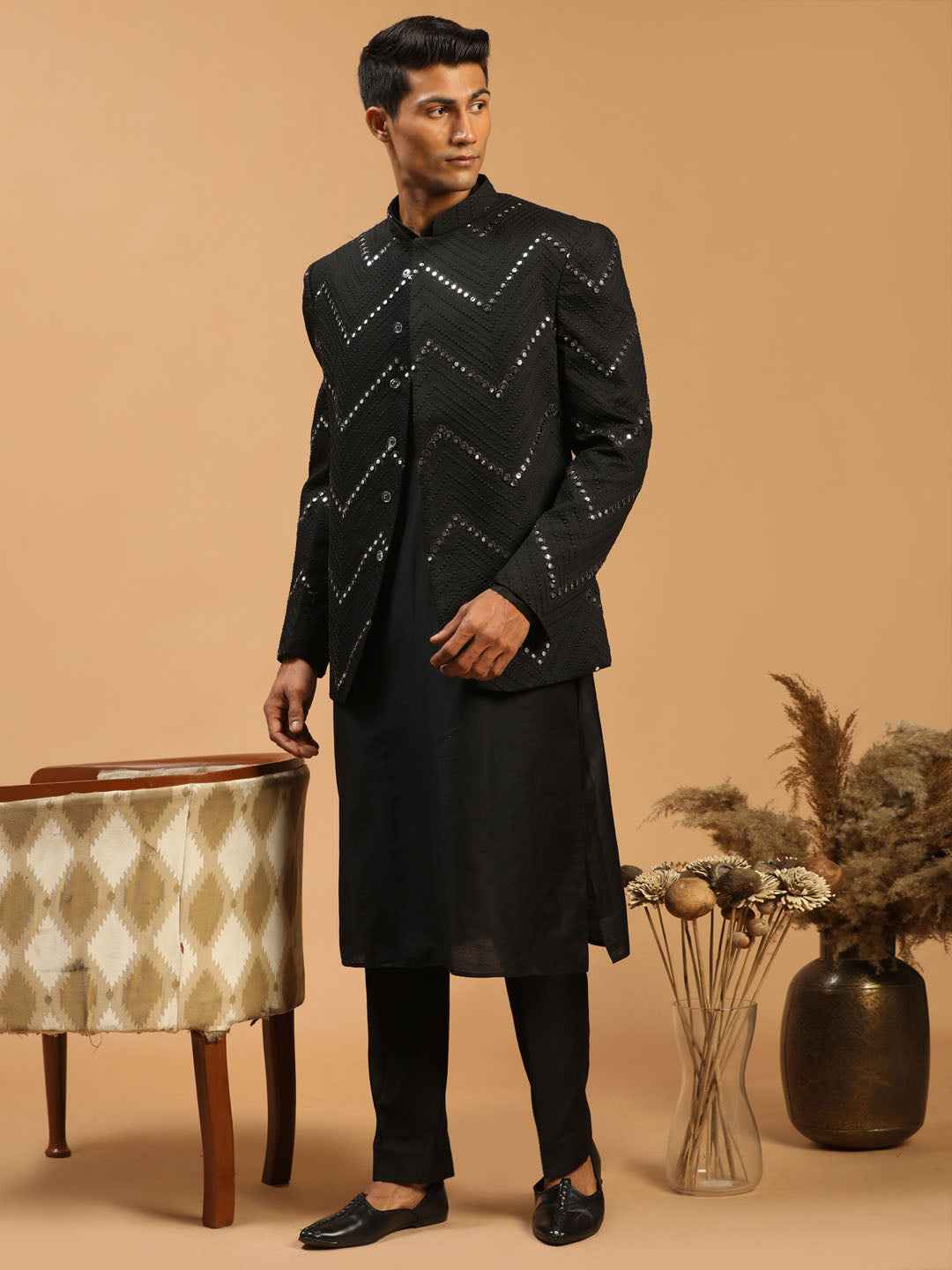 Vastramay Men's Black Mirror Jodhpuri With Kurta Pant Set