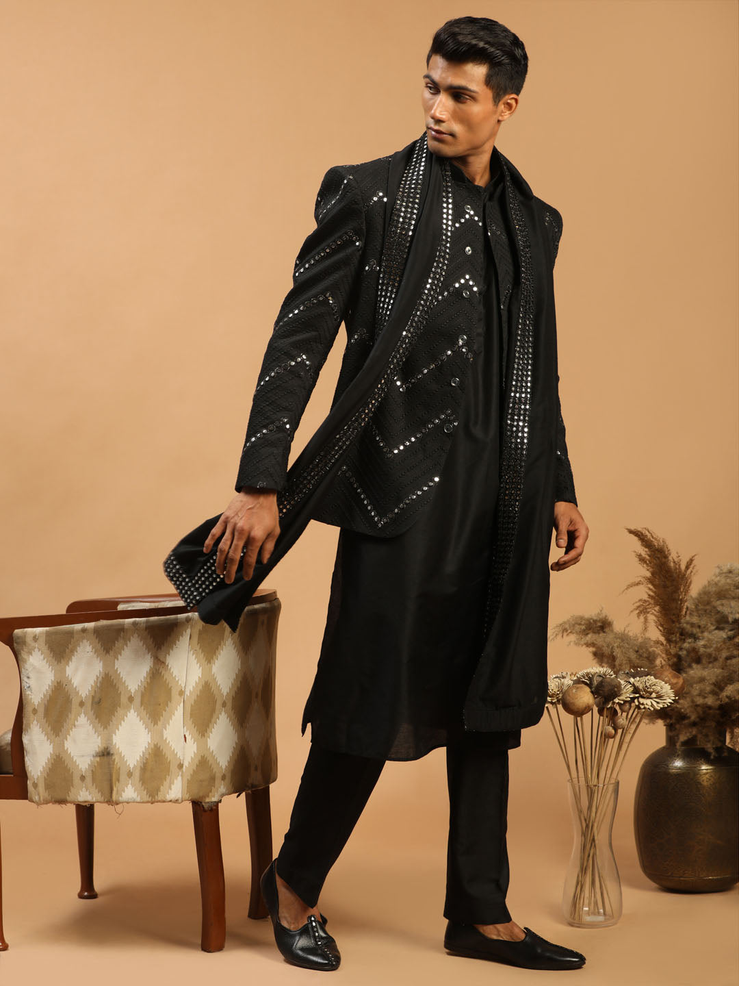 Vastramay Men's Black Mirror Jodhpuri With Kurta Pant And Dupatta Set