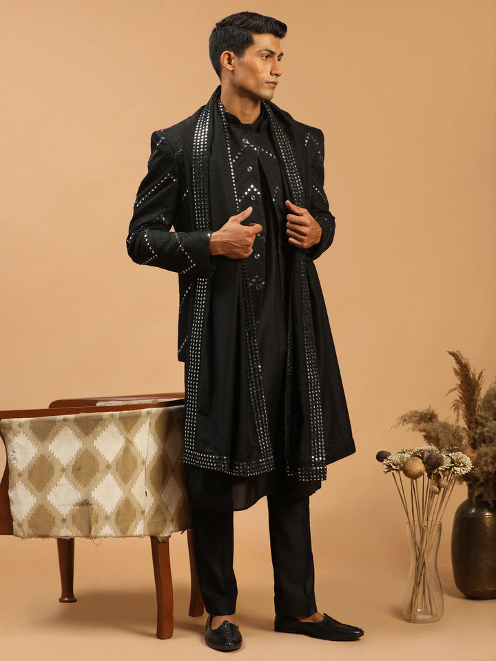 Vastramay Men's Black Mirror Jodhpuri With Kurta Pant And Dupatta Set