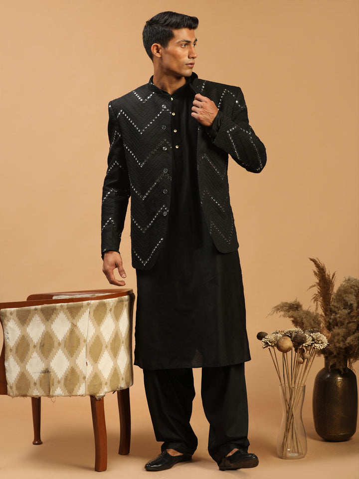 Vastramay Men's Black Mirror Jodhpuri With kurta Patiala Set