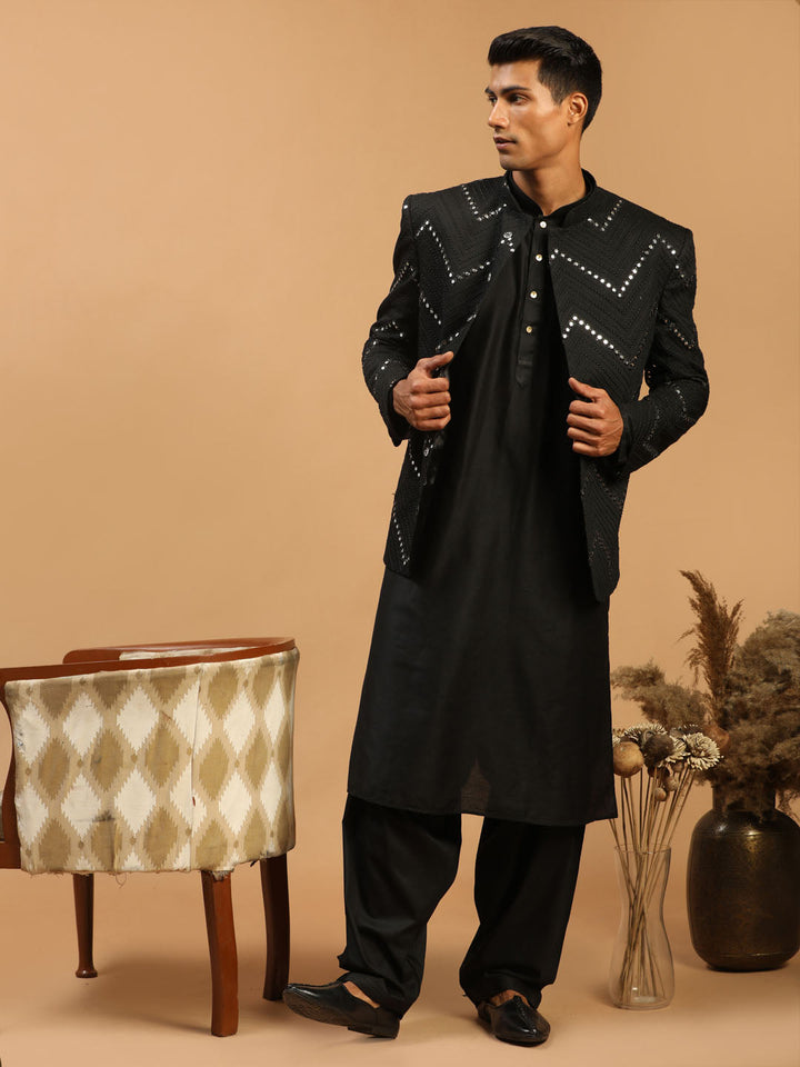 Vastramay Men's Black Mirror Jodhpuri With kurta Patiala Set