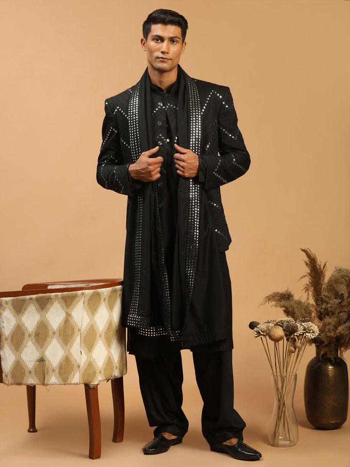 Vastramay Men's Black Mirror Jodhpuri With Kurta Patiala And Dupatta Set