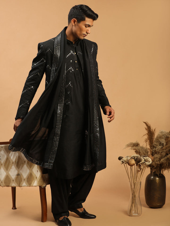 Vastramay Men's Black Mirror Jodhpuri With Kurta Patiala And Dupatta Set