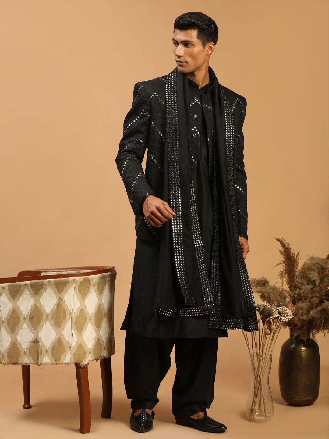 Vastramay Men's Black Mirror Jodhpuri With Kurta Patiala And Dupatta Set