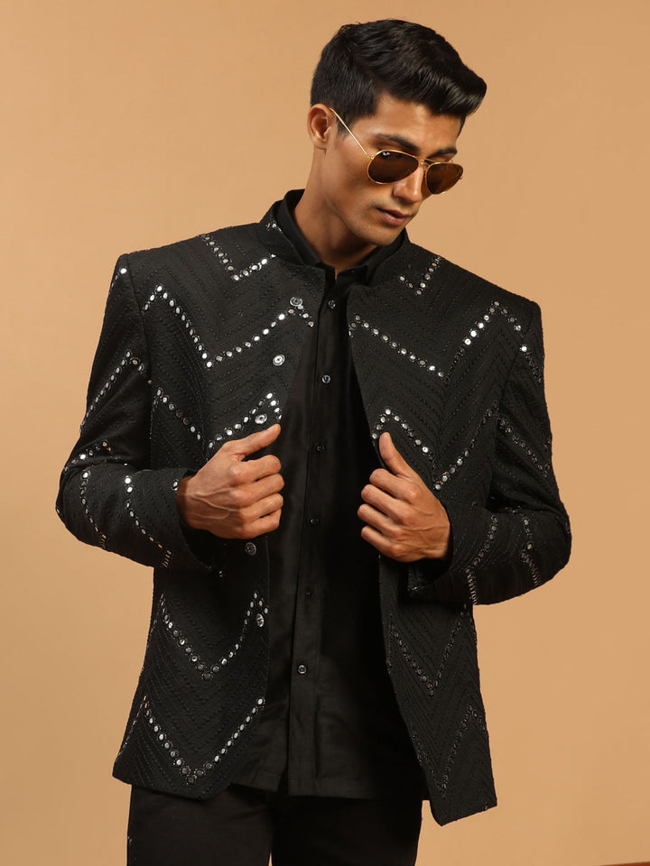 Vastramay Men's Black Mirror Jodhpuri And Shirt Set, Elegant Traditional Indian Suit for Special Occasions