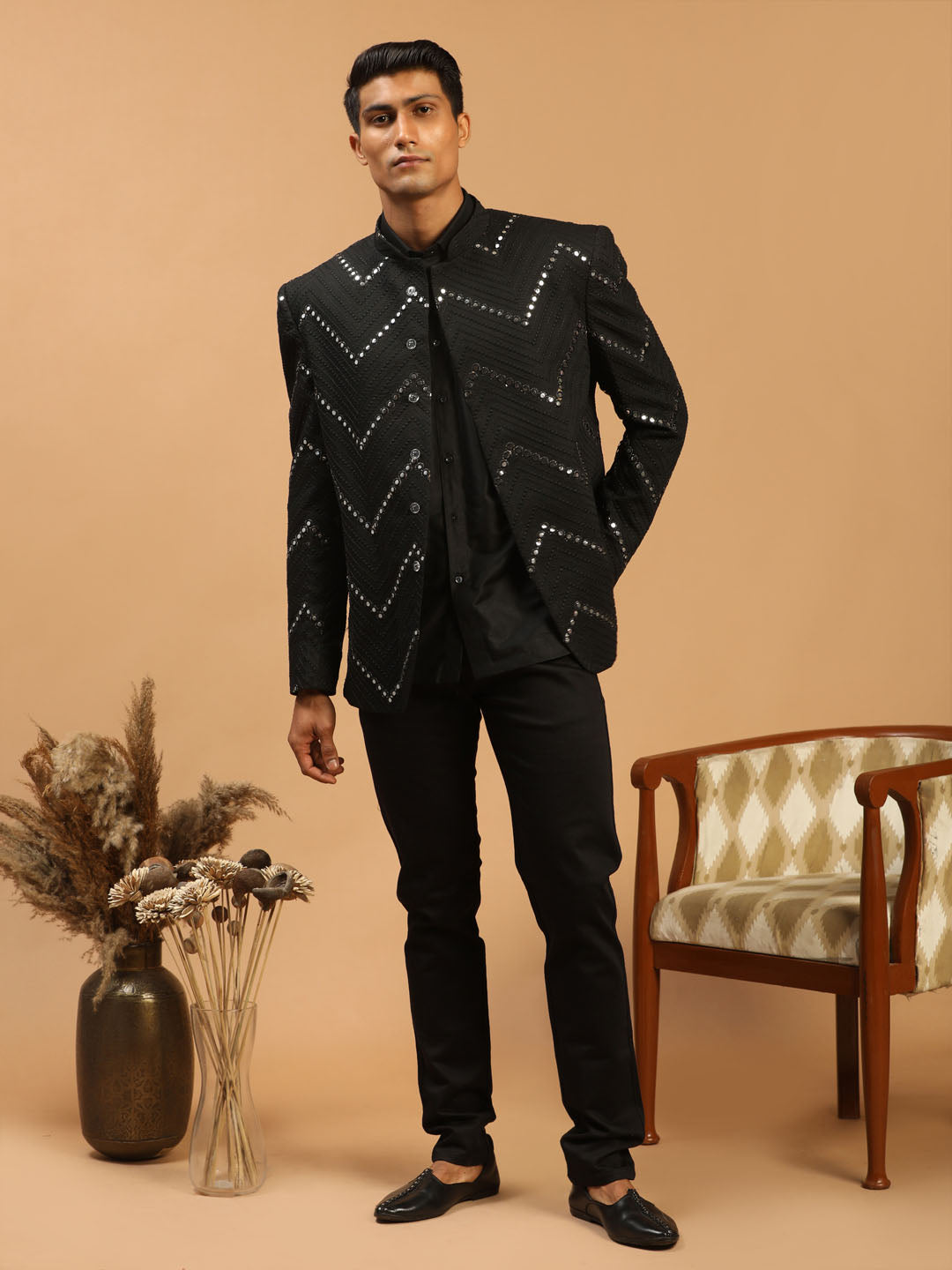 Vastramay Men's Black Mirror Jodhpuri And Shirt Set