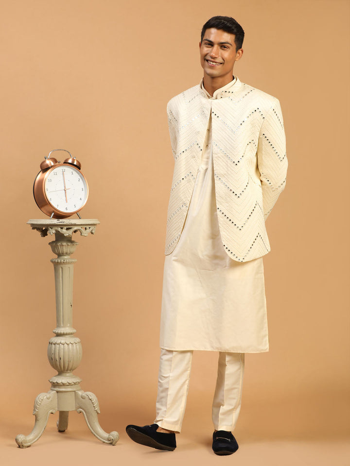 Vastramay Men's Cream Mirror Jodhpuri With Kurta Pant Set