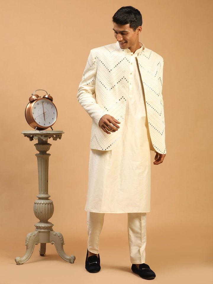 Vastramay Men's Cream Mirror Jodhpuri With Kurta Pant Set