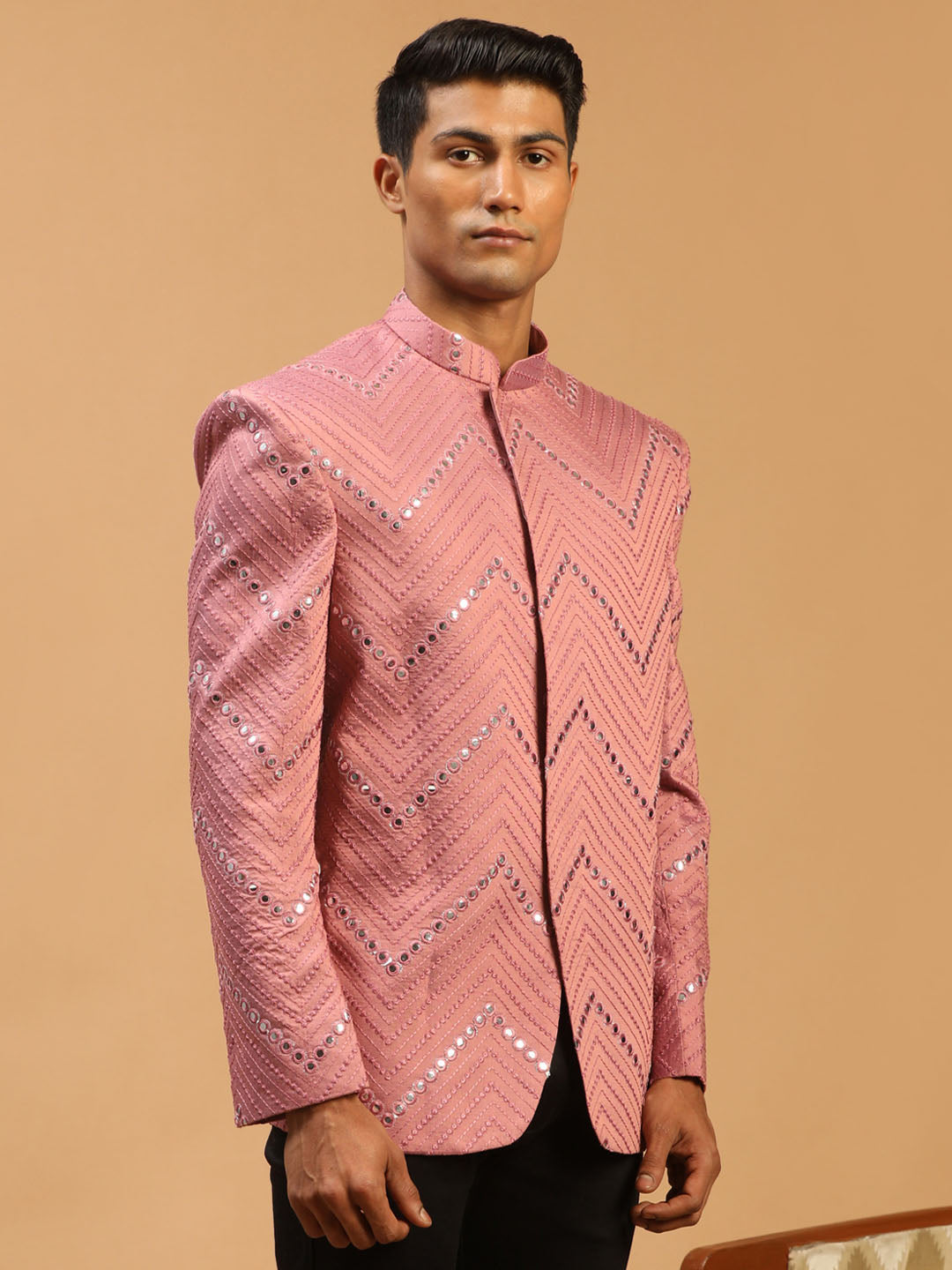 Vastramay Men's Onion Pink Mirror Jodhpuri