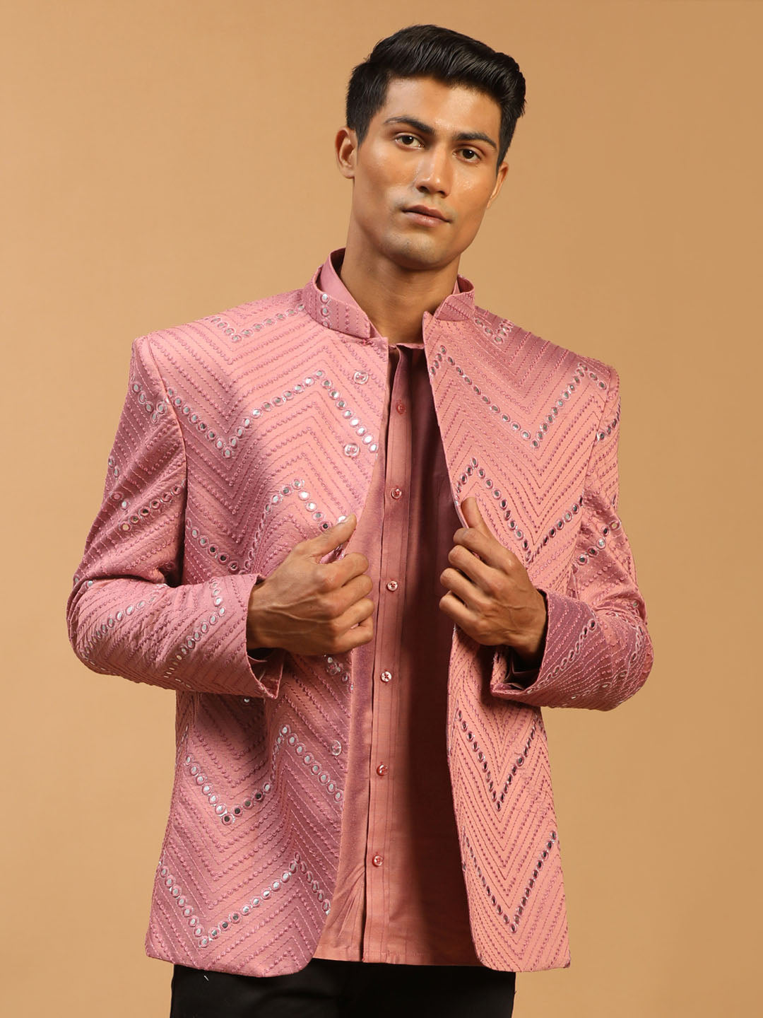 Vastramay Men's Onion Pink Mirror Jodhpuri And Shirt Set