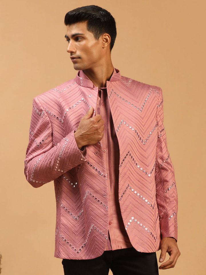 Vastramay Men's Onion Pink Mirror Jodhpuri And Shirt Set