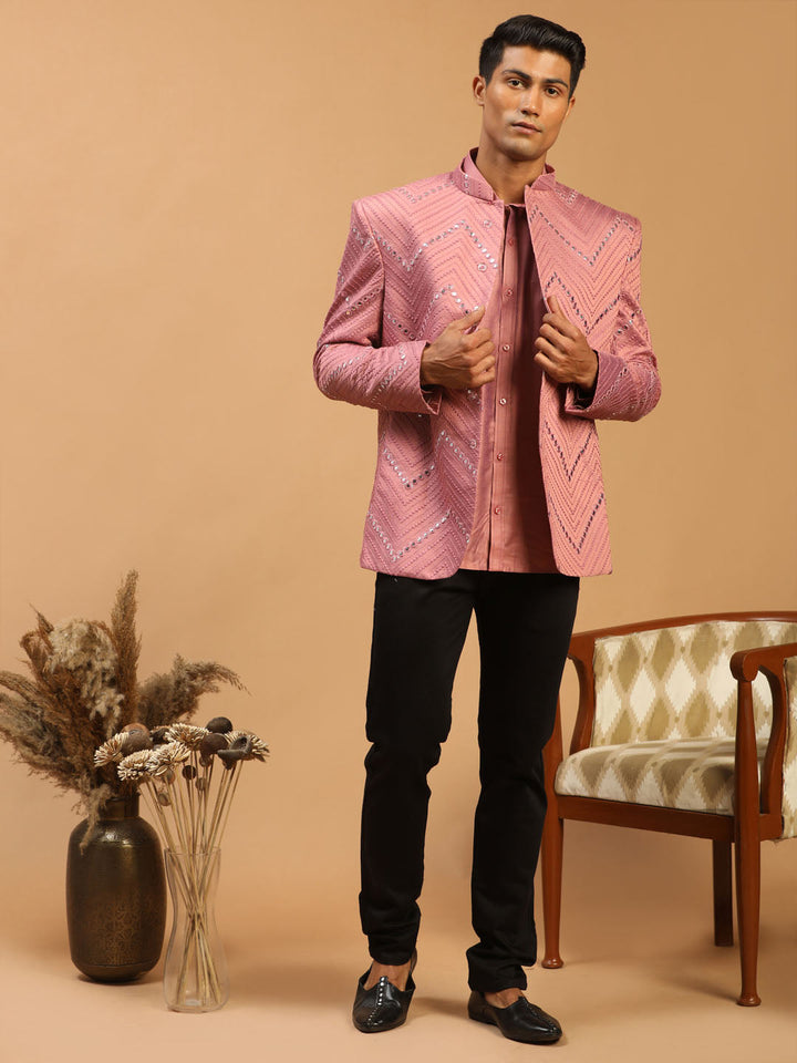 Vastramay Men's Onion Pink Mirror Jodhpuri And Shirt Set