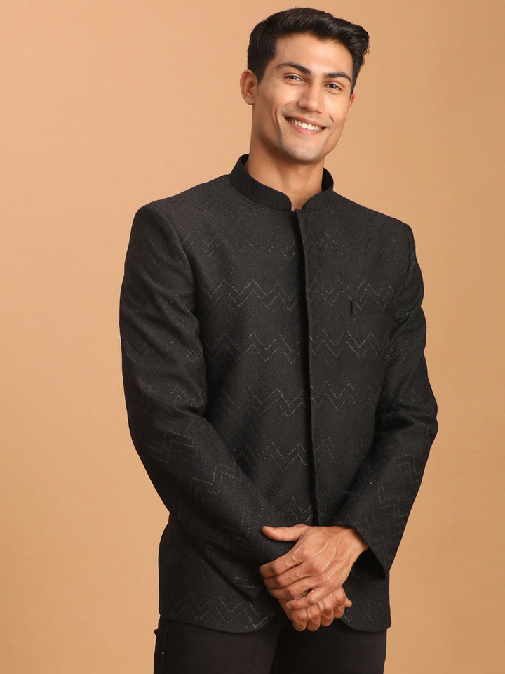 Vastramay Men's Black Silk Blend Glitter Zig zag Jodhpuri Suit Image