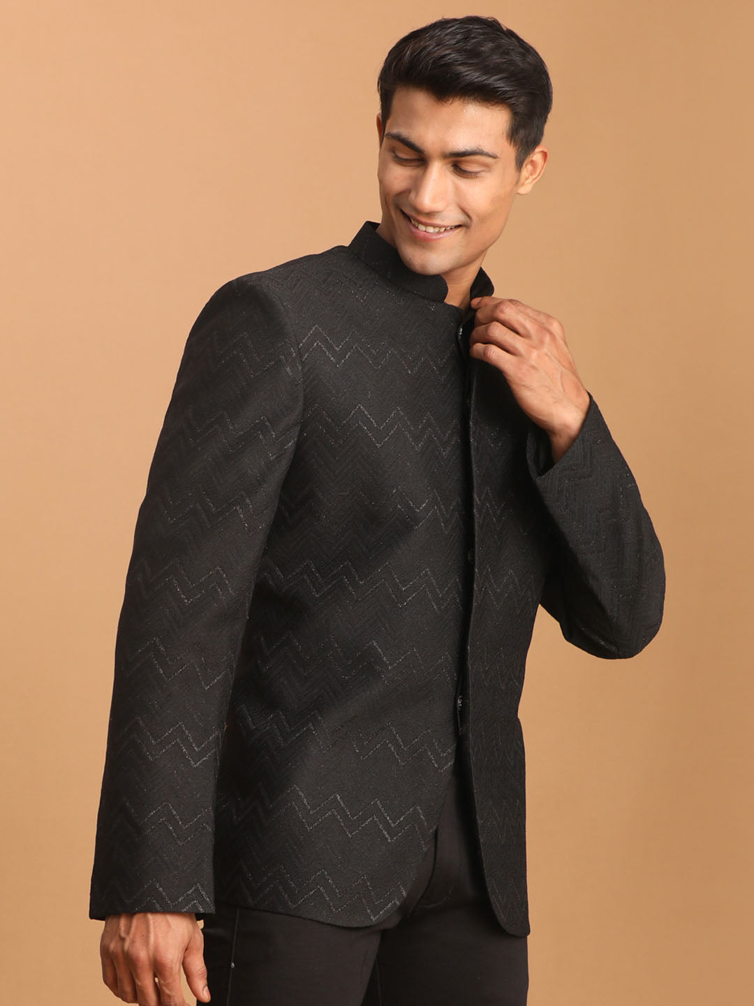 Vastramay Men's Black Silk Blend Glitter Zig zag Jodhpuri