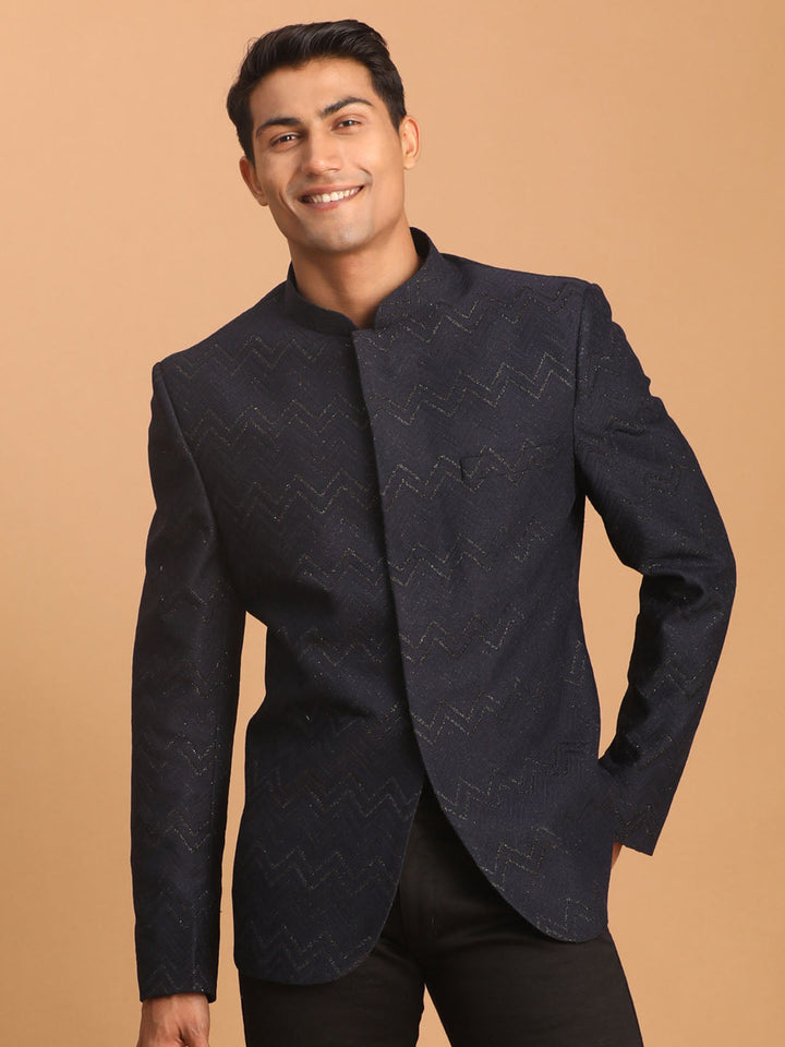 Vastramay Men's Navy Blue Silk Blend Glitter Zig zag Jodhpuri, perfect for formal occasions, weddings and special events, with intricate design and high-quality fabric