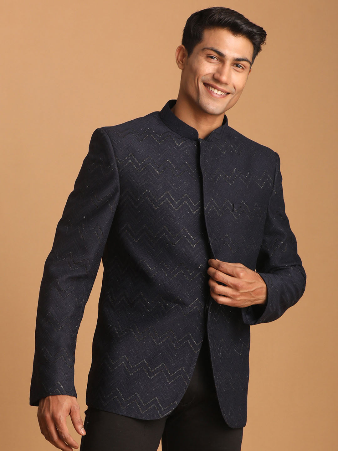 Men's Navy Blue Silk Blend Glitter Zig Zag Jodhpuri by Vastramay, a stylish and trendy ethnic outfit perfect for special occasions and events