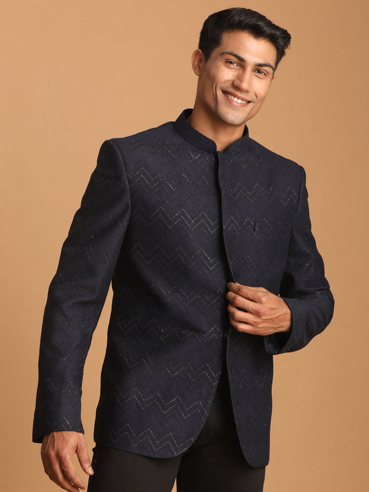 Vastramay Men's Navy Blue Silk Blend Glitter Zig zag Jodhpuri