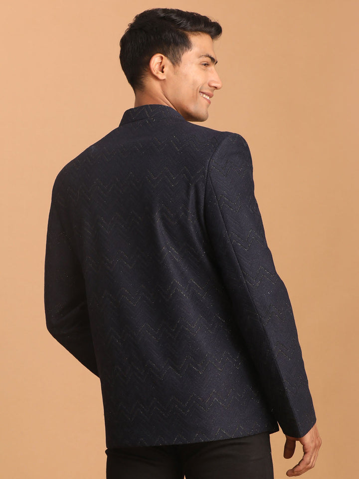 Vastramay Men's Navy Blue Silk Blend Glitter Zig zag Jodhpuri with intricate embroidery and traditional Indian design