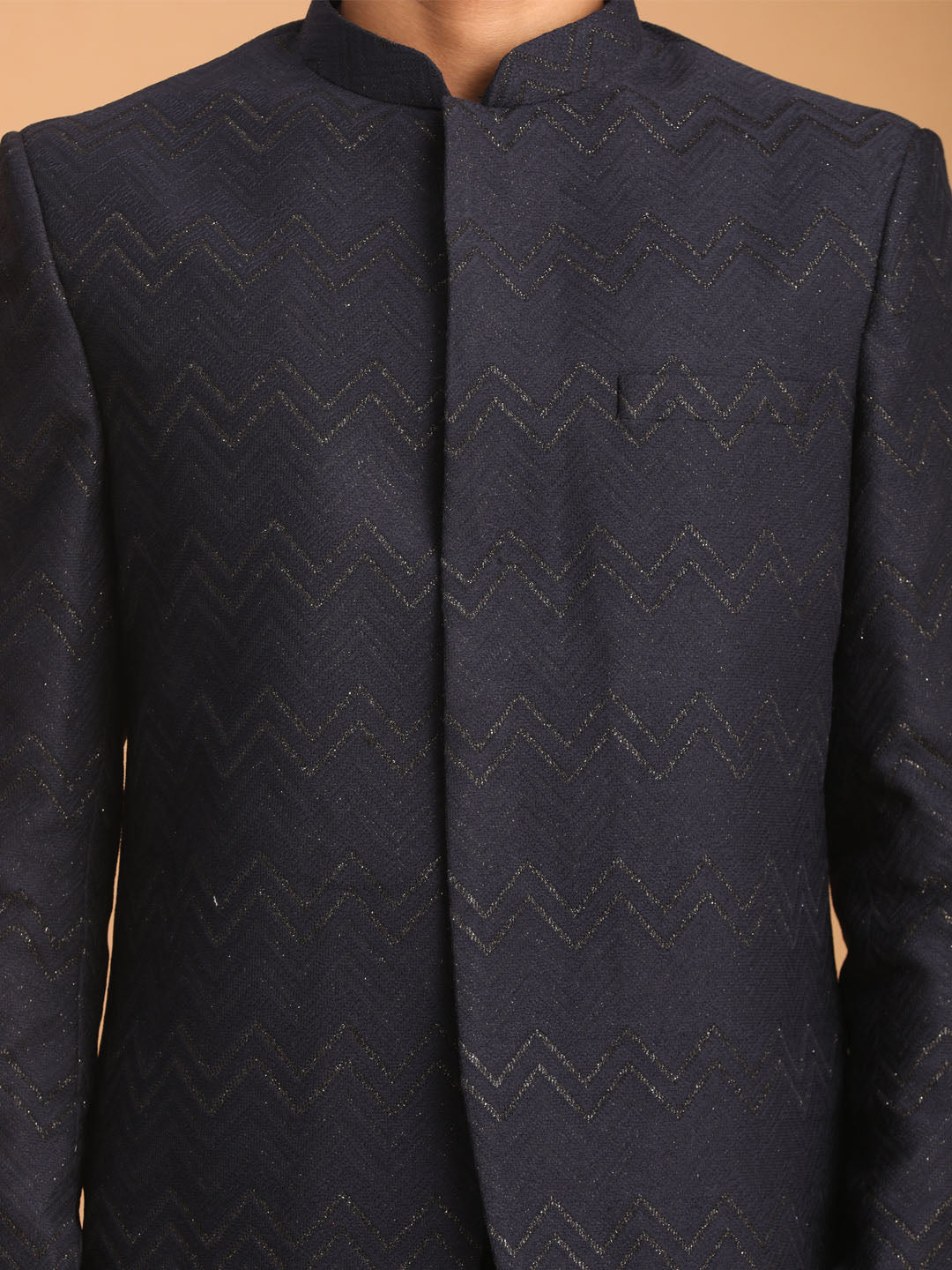 Vastramay Men's Navy Blue Silk Blend Glitter Zig zag Jodhpuri showcasing traditional Indian craftsmanship and modern style for formal occasions