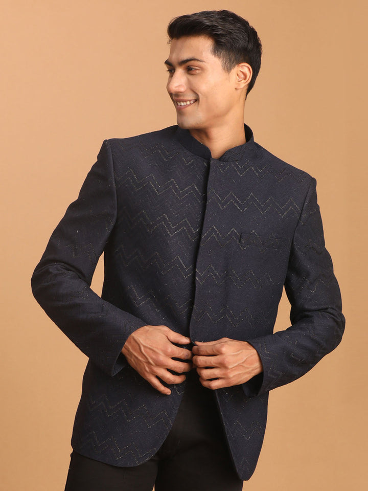 Vastramay Men's Navy Blue Silk Blend Glitter Zig zag Jodhpuri suit with intricate embroidery and traditional Indian design