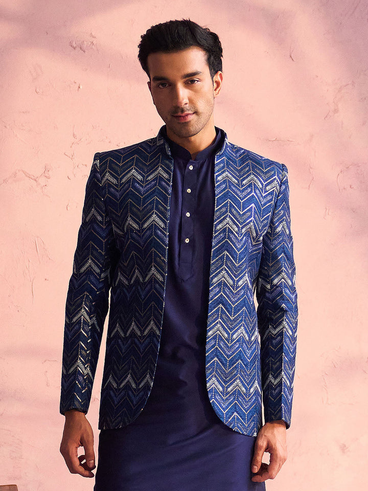 Vastramay Men's Navy Blue Silk Embroidered Jodhpuri