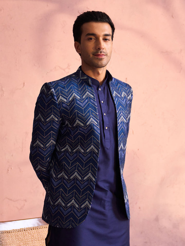 Vastramay Men's Navy Blue Silk Embroidered Jodhpuri