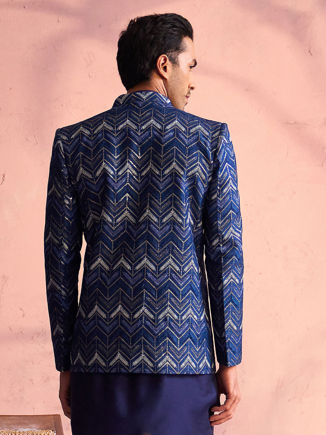 Vastramay Men's Navy Blue Silk Embroidered Jodhpuri