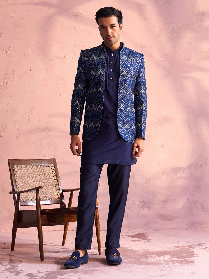 Vastramay Men's Navy Blue Silk Embroidered Jodhpuri With Curved Kurta Pant Set