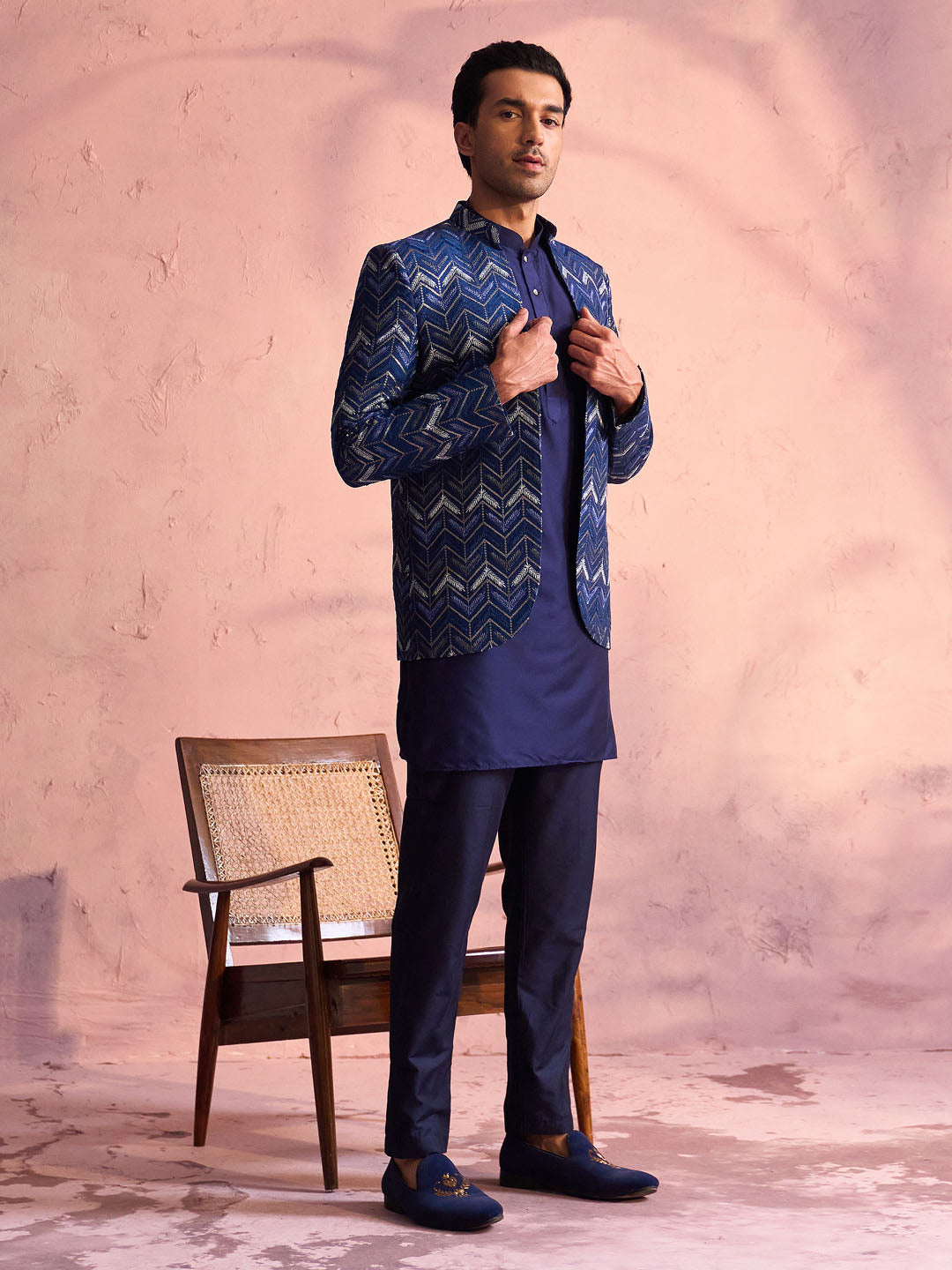 Vastramay Men's Navy Blue Silk Embroidered Jodhpuri With Curved Kurta Pant Set