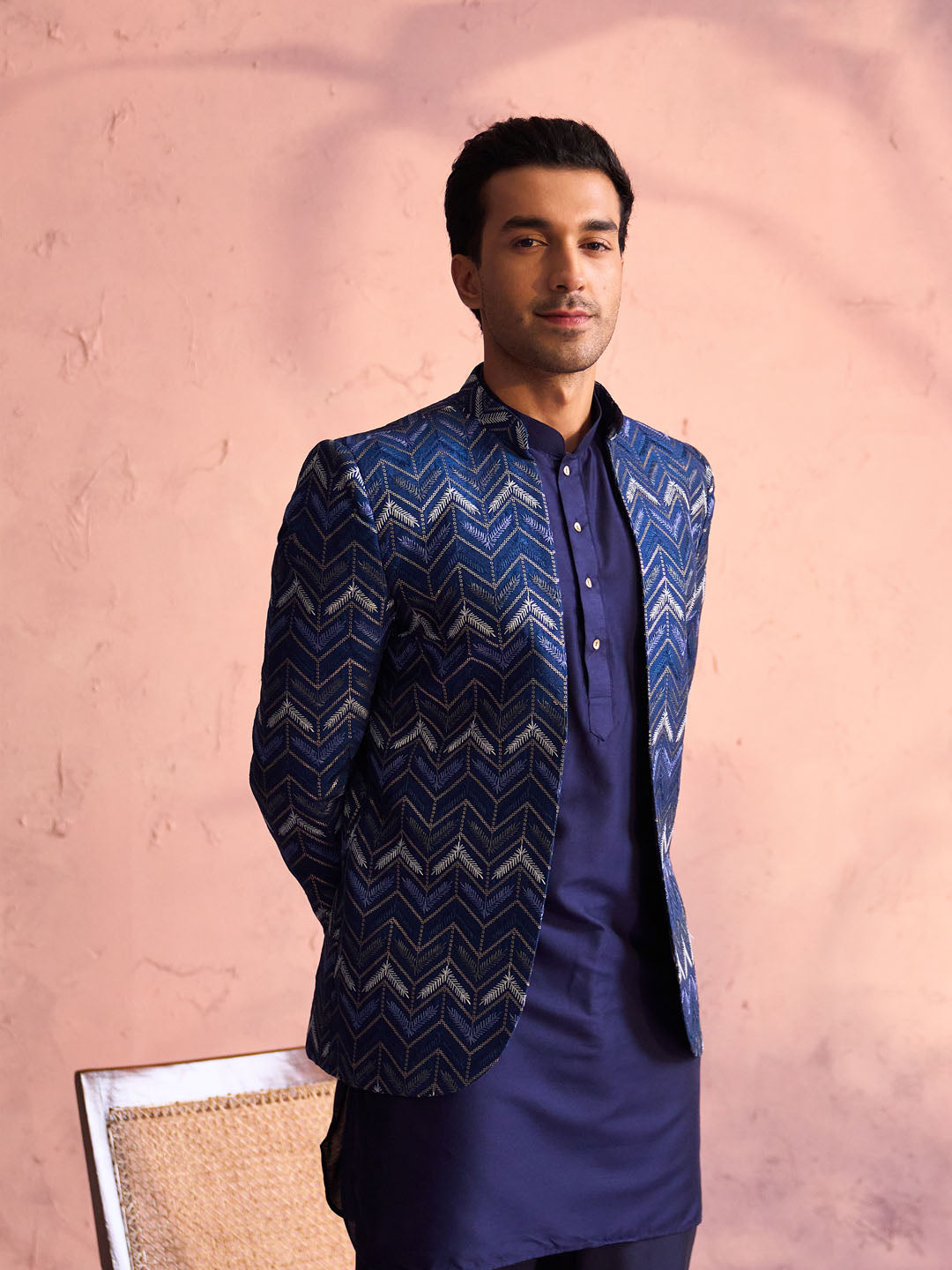 Vastramay Men's Navy Blue Silk Embroidered Jodhpuri With Curved Kurta Pant Set