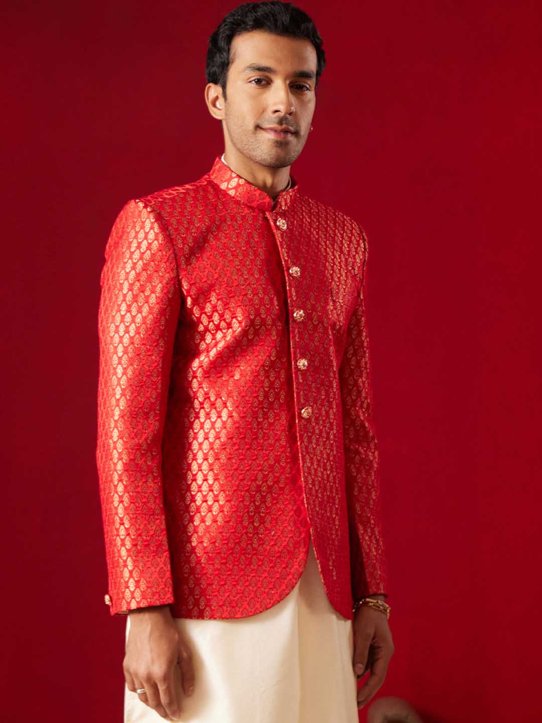 Vastramay Men's Red Banarasi Woven Jodhpuri