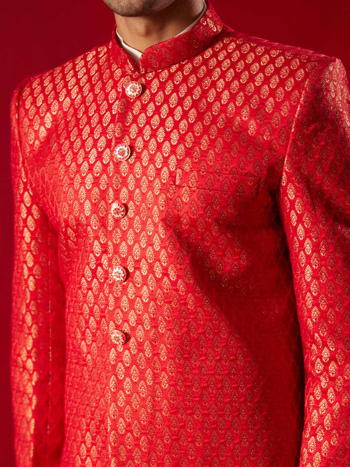 Vastramay Men's Red Banarasi Woven Jodhpuri