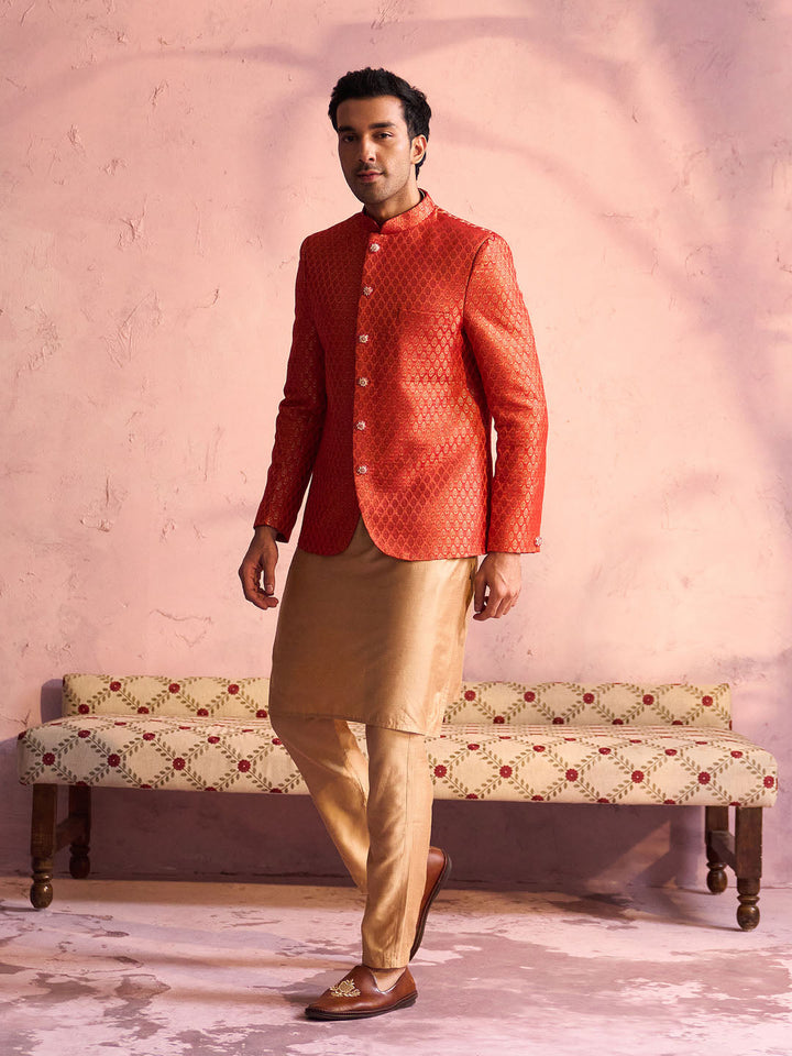 Vastramay Men's Red Banarasi Woven Jodhpuri With Plain Kurta Pant Set