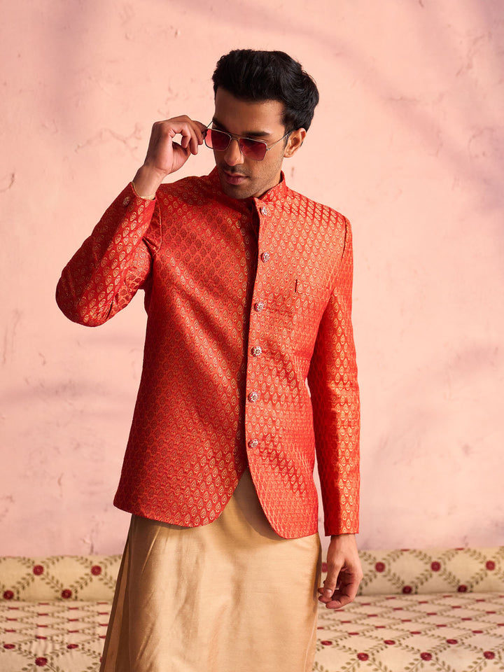 Vastramay Men's Red Banarasi Woven Jodhpuri With Plain Kurta Pant Set